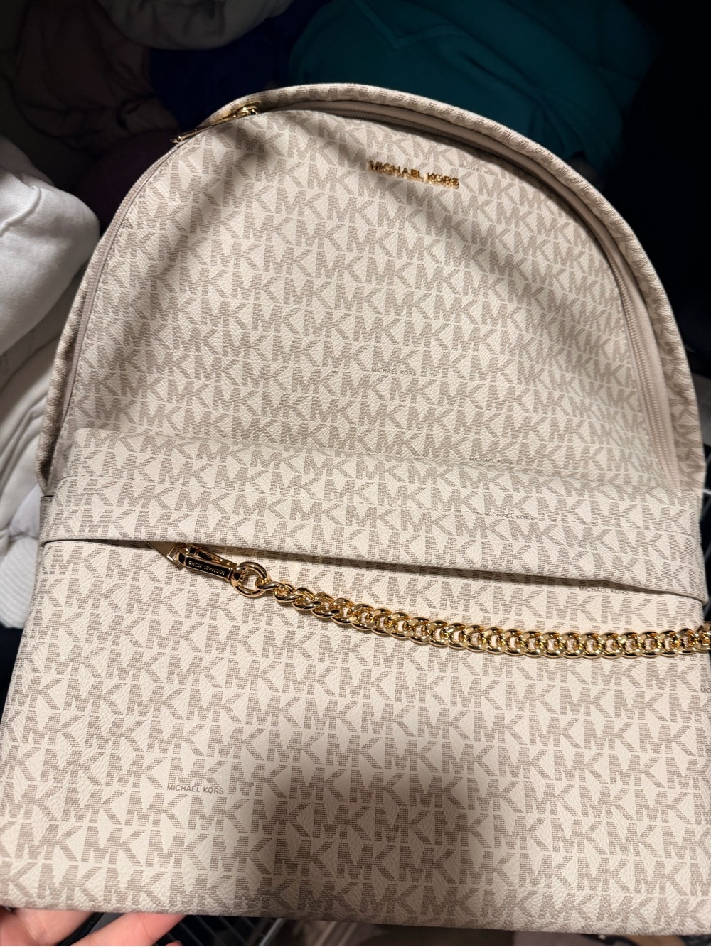 Michael Kors Cream MK Logo Backpack with Gold Chain Accent